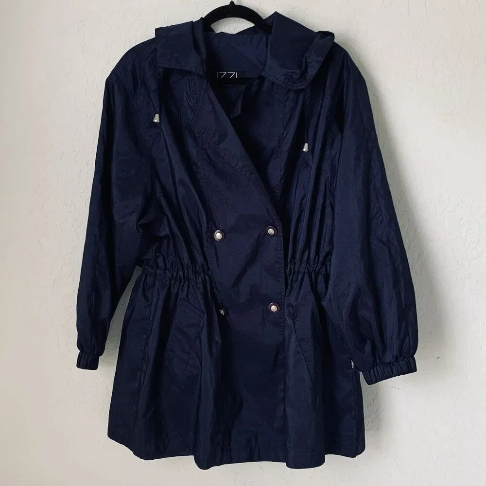 Vintage Izzi Activewear Jacket Women M Navy Blue Windbreaker Hood Cinch Waist 90